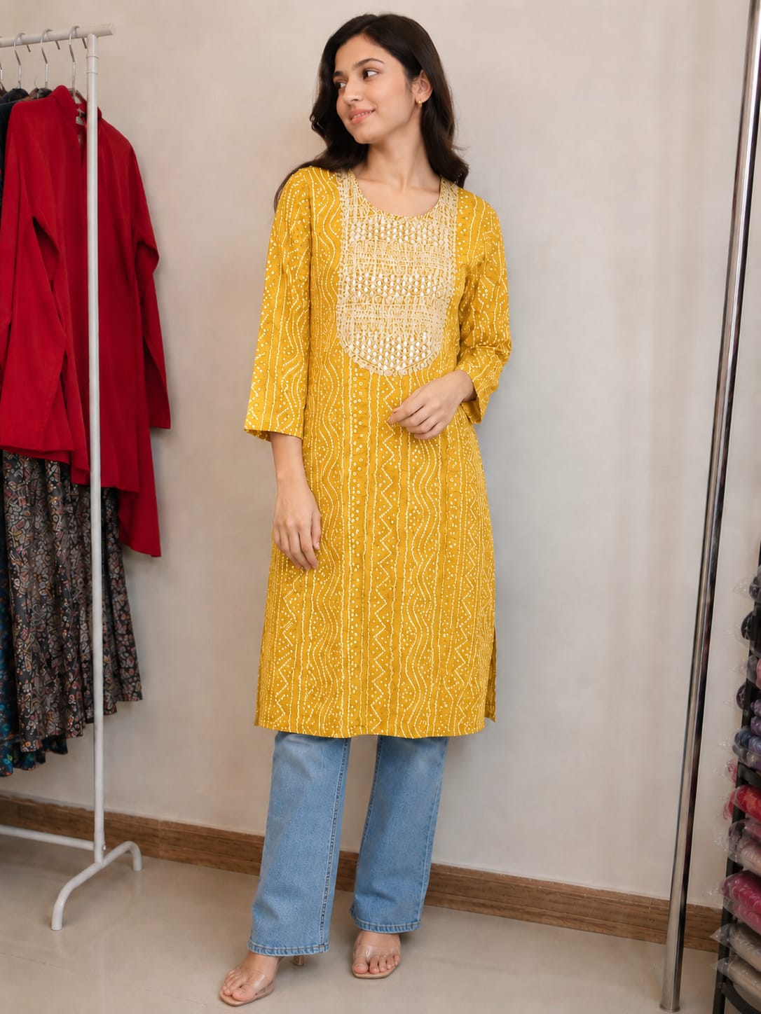 Bandhani Cotton Kurta | Resham Embroidered Yoke with Mirror Work | Jaipur Trendzz