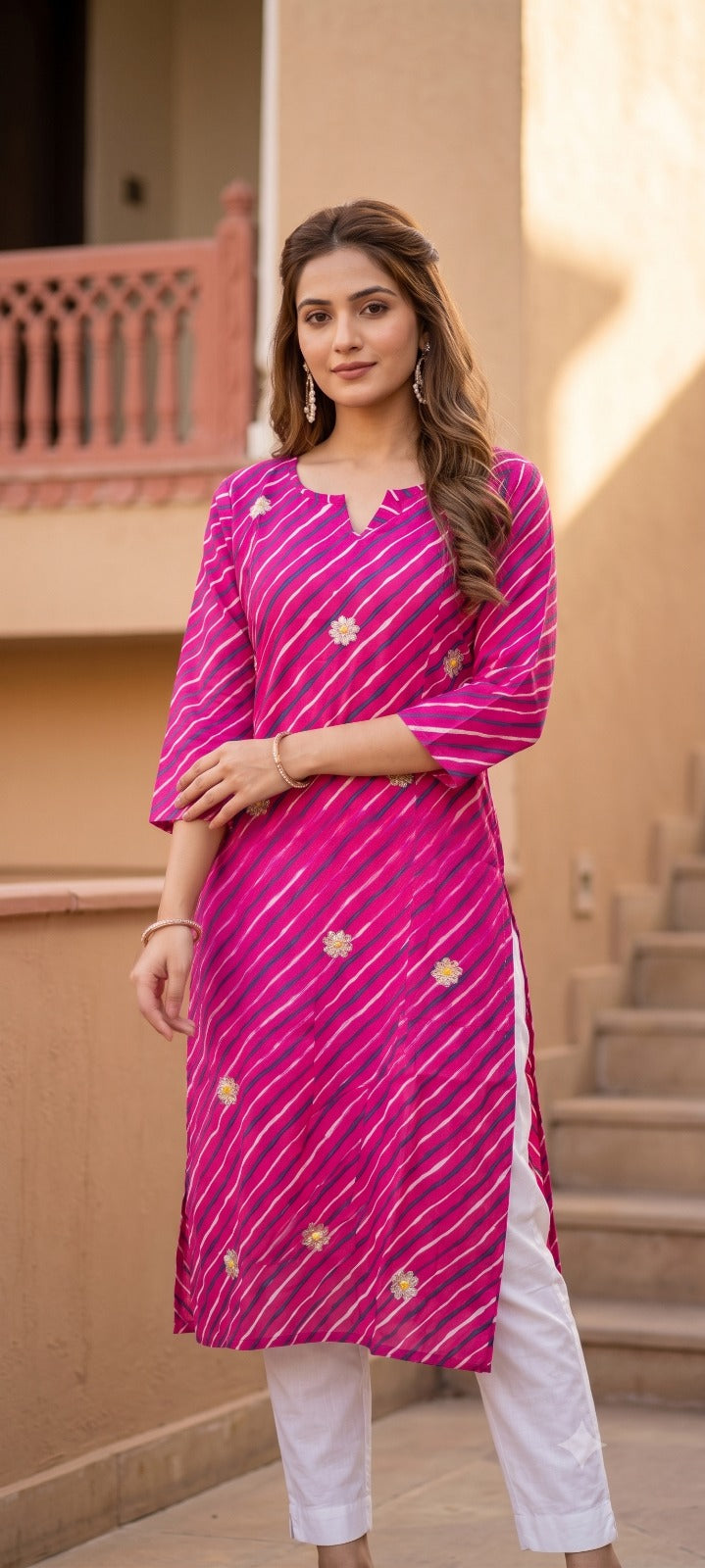 Magenta Pink Leheriya Georgette Kurta | Floral Zari Buttis | Notch Neck | Jaipur Trendzz