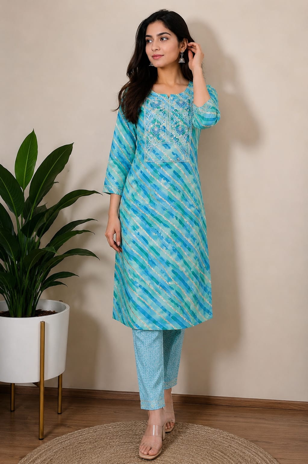 Leheriya Georgette Kurta | Silver Zari Gota Patti Embroidered Yoke | Jaipur Trendzz