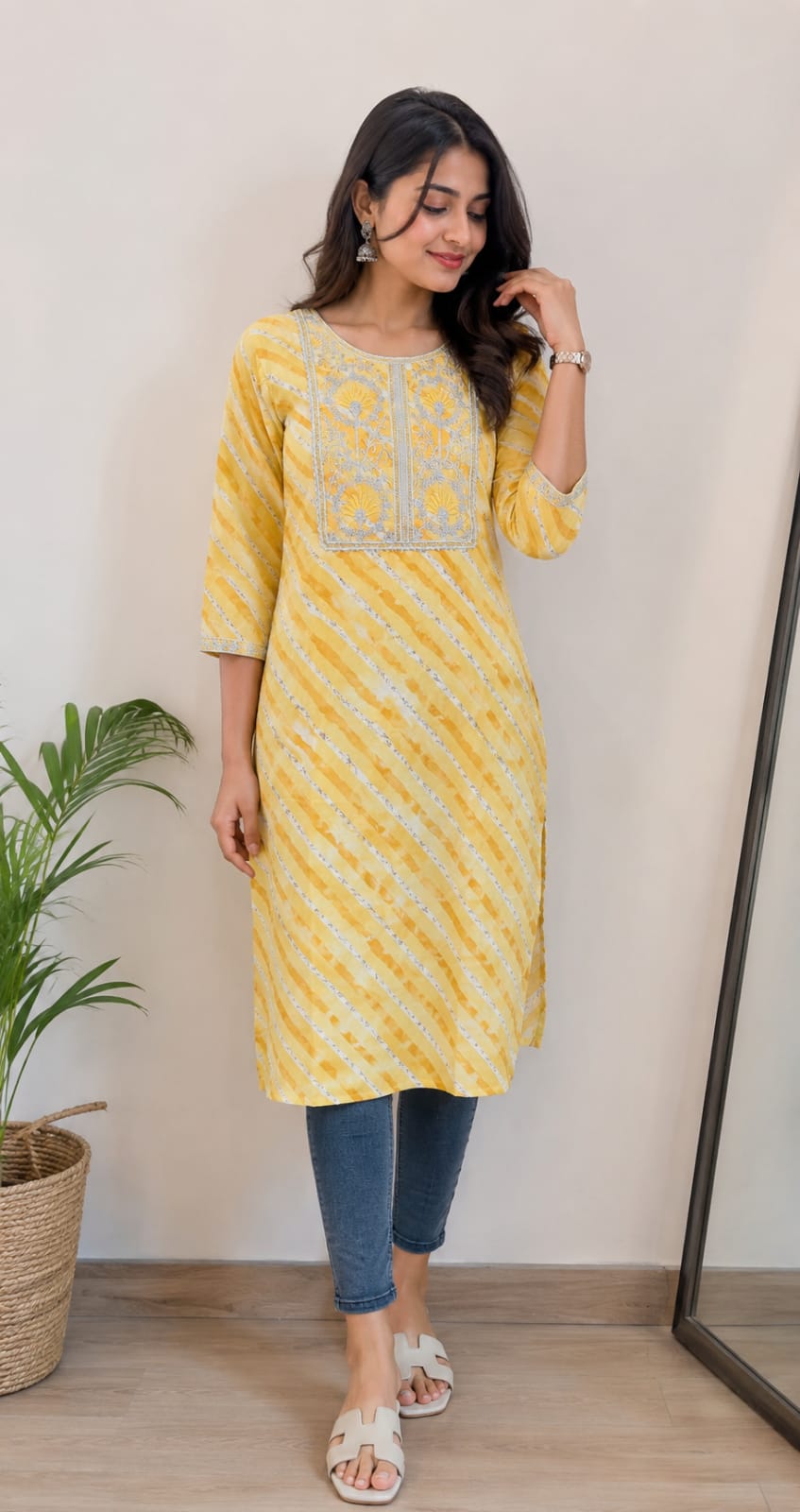 Leheriya Georgette Kurta | Silver Zari Gota Patti Embroidered Yoke | Jaipur Trendzz