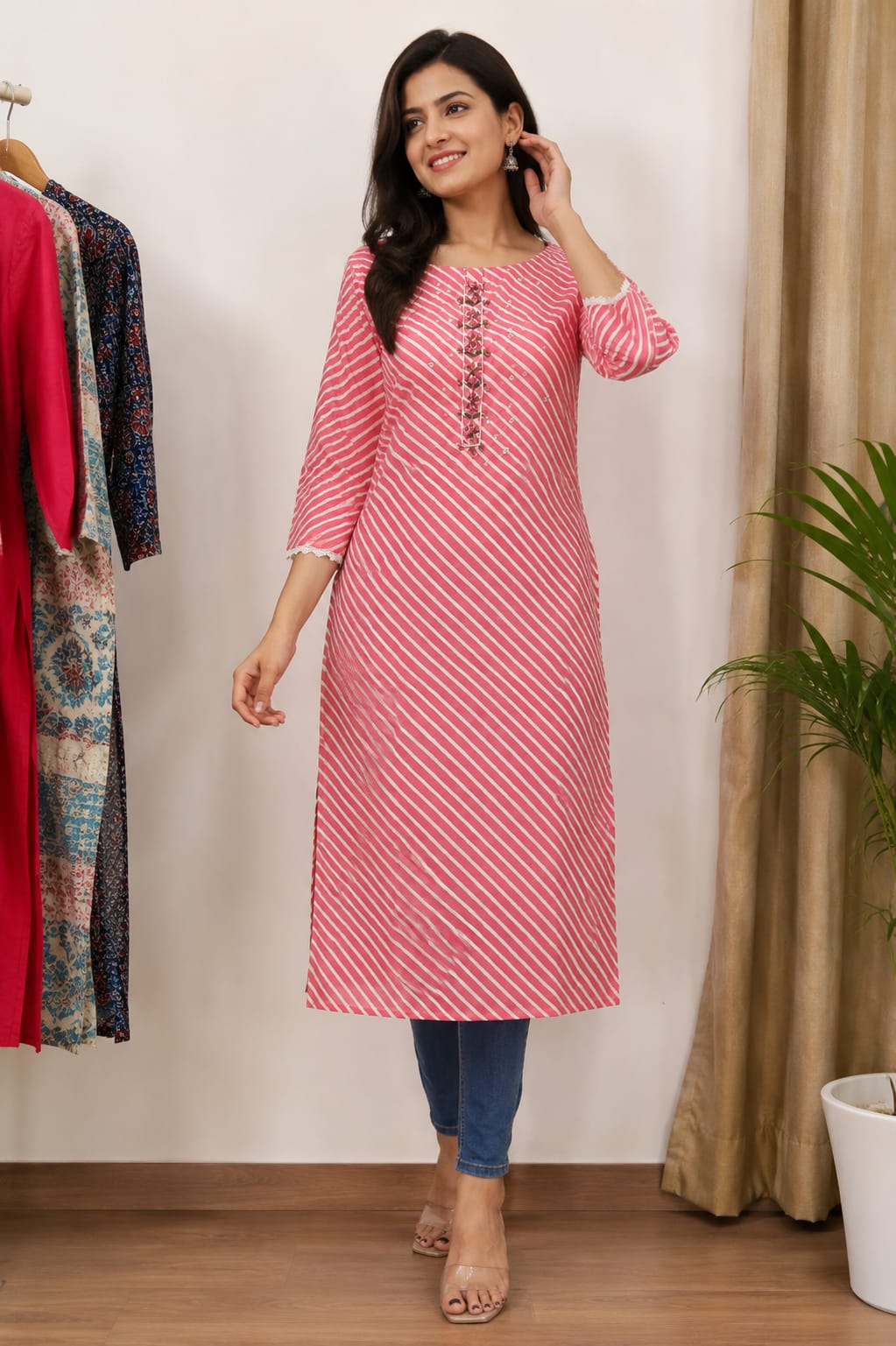 Vibrant Pink Leheriya Straight Kurti