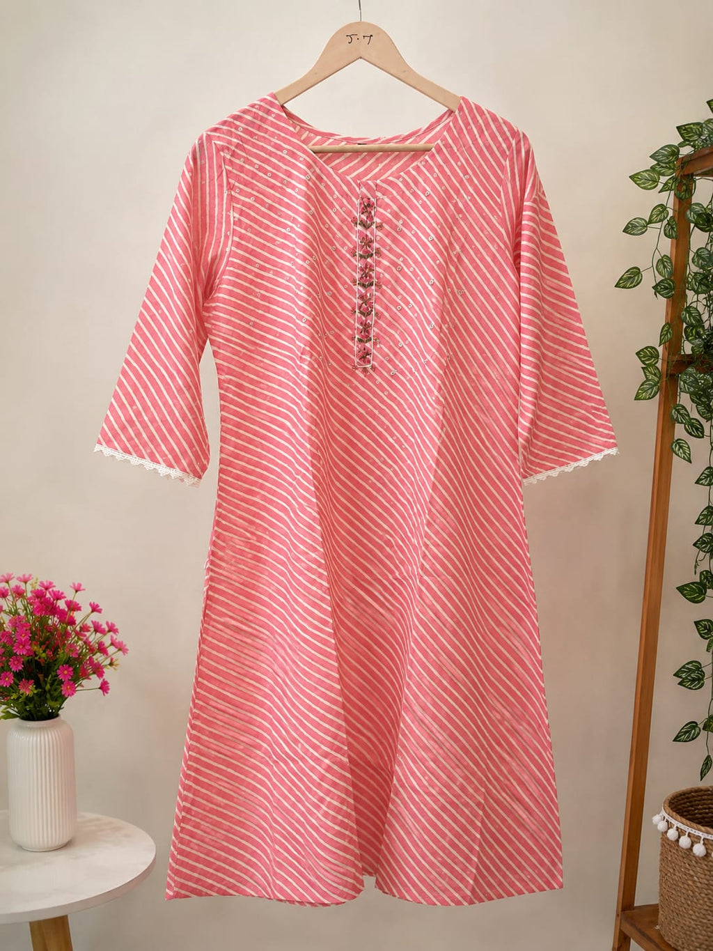 Vibrant Pink Leheriya Straight Kurti