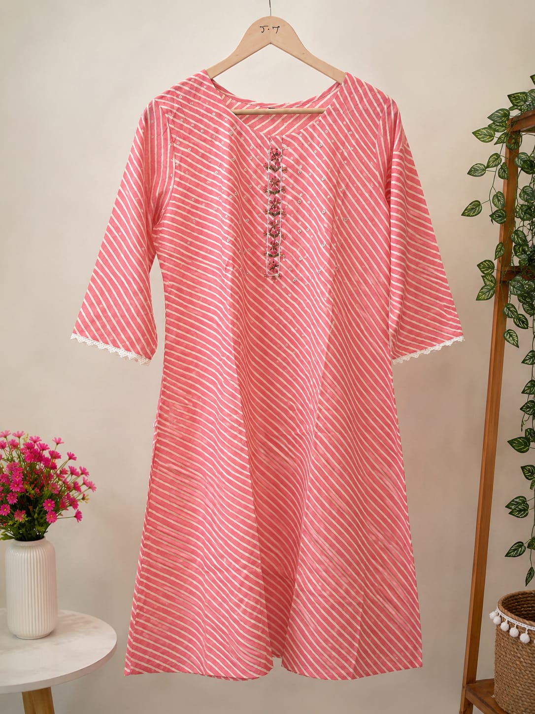Vibrant Pink Leheriya Straight Kurti