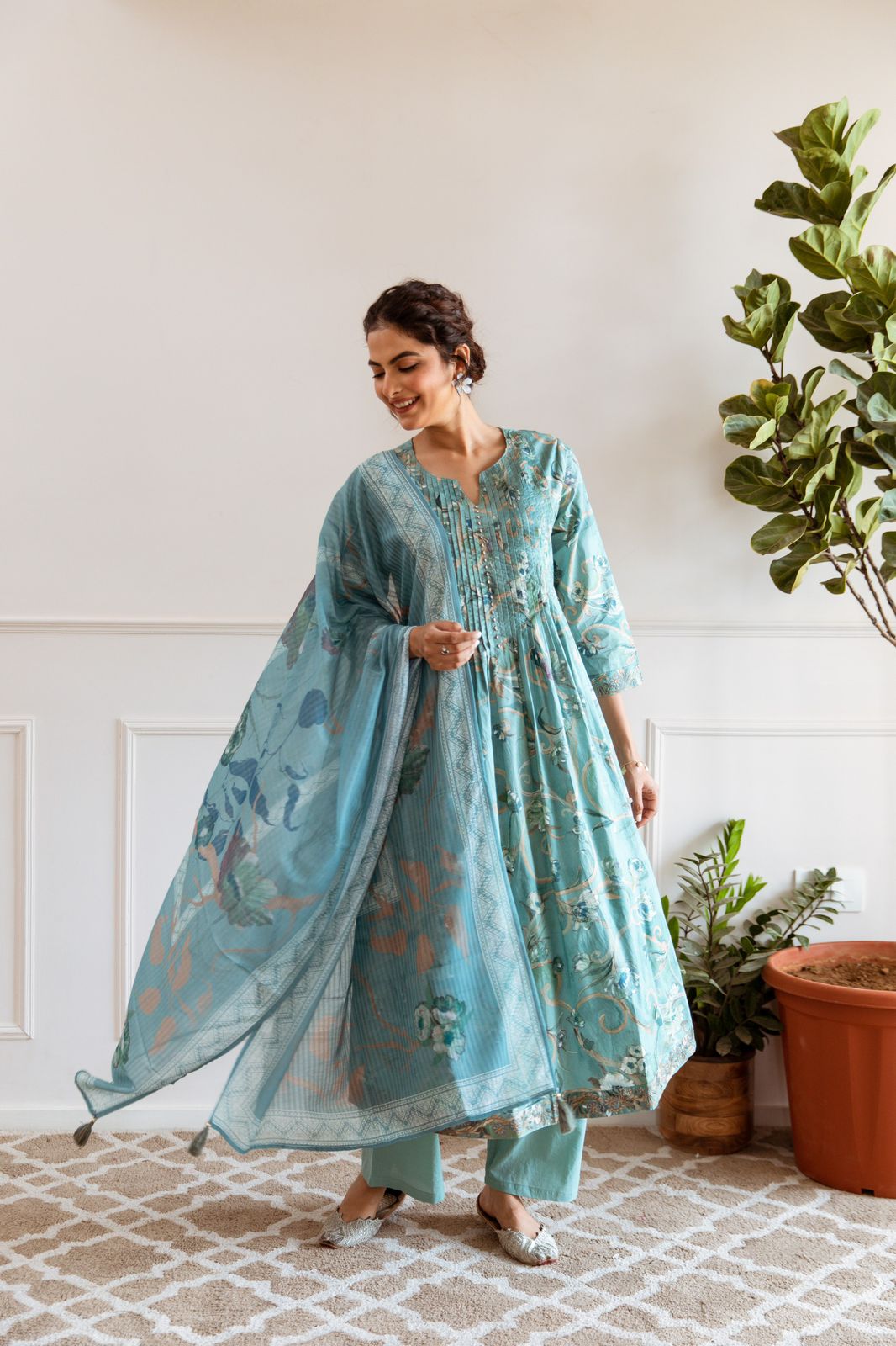 Ice Blue Beautiful Cotton 3 Pc Kurta Set