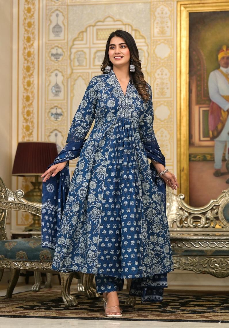 Indigo Blue Pure Cotton Indigo Daabu Printed Party Wear Kurta Set