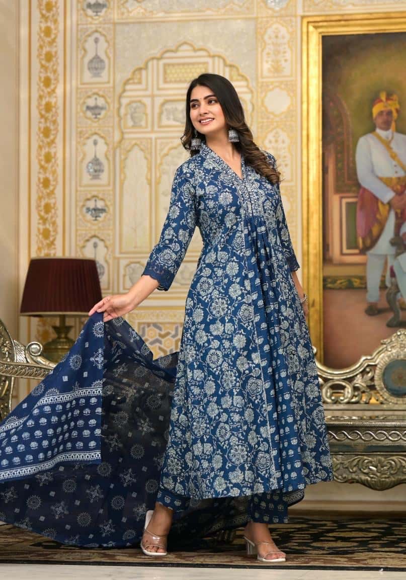 Indigo Blue Pure Cotton Indigo Daabu Printed Party Wear Kurta Set