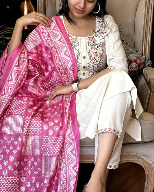 Cotton  Three Piece Set Straight Cut With Hand Embroidery