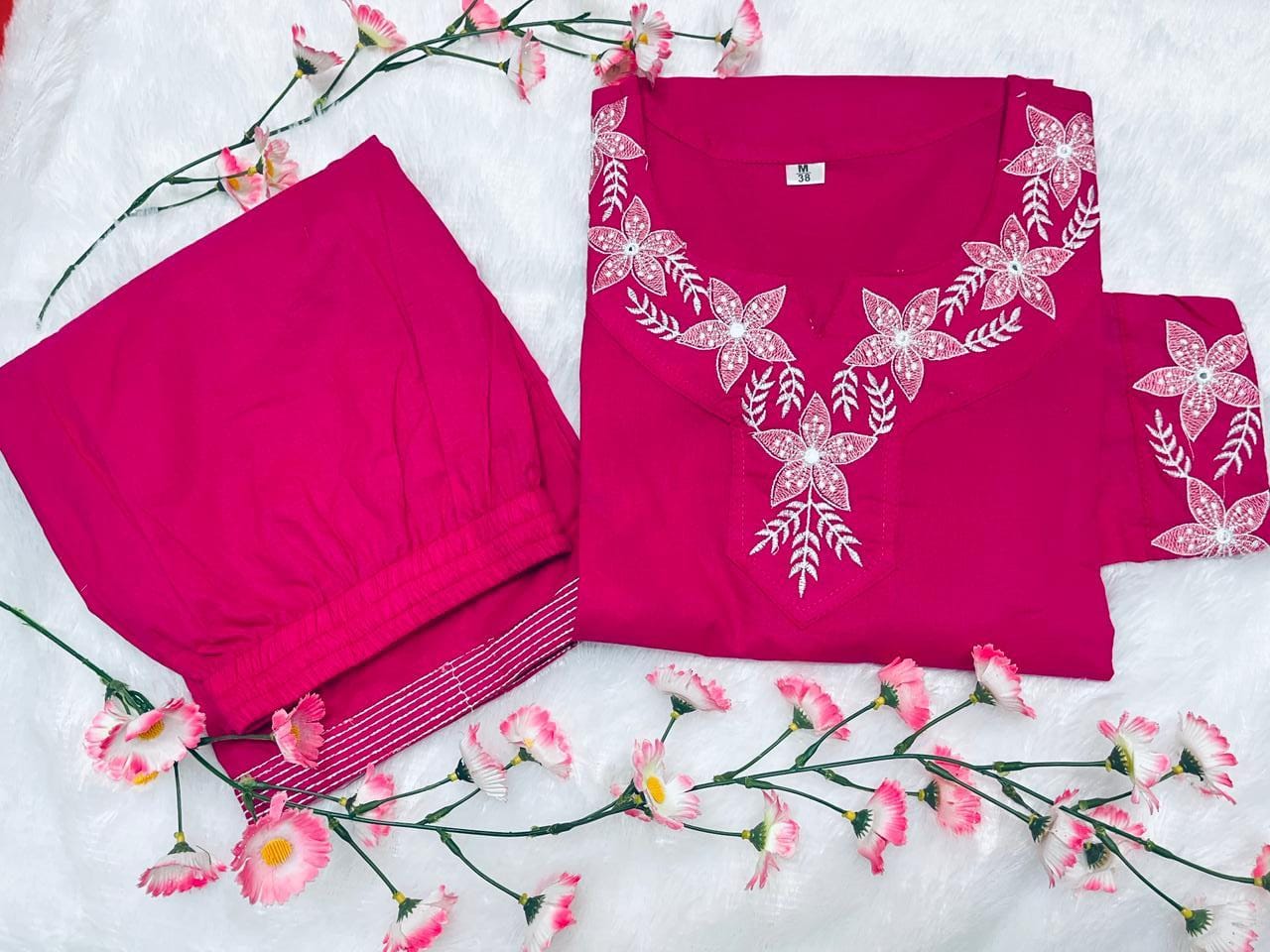 PINK AND BLACK COTTON SEMI CASUAL EMBROIDERY COORD SET