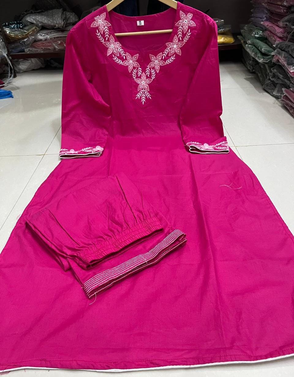 PINK AND BLACK COTTON SEMI CASUAL EMBROIDERY COORD SET