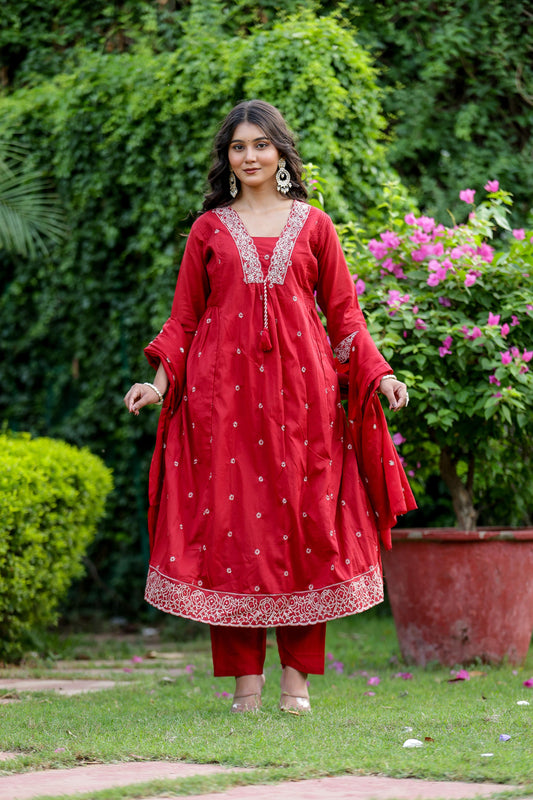 Pure Mal Cotton V Neck Suit Set With Dupatta