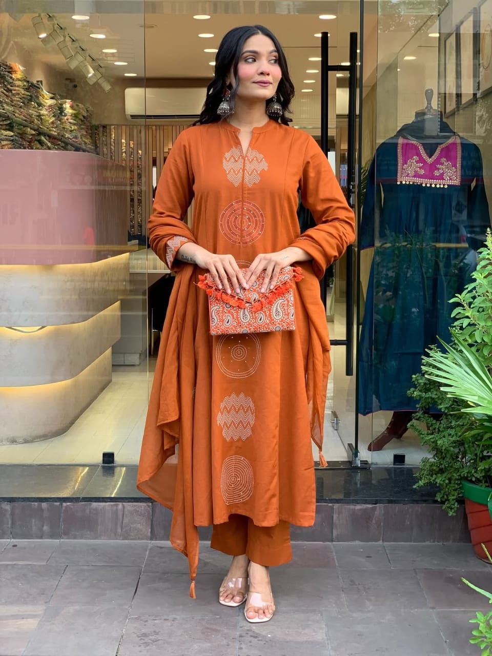 Rust Orange Embroidered Cotton Suit Set with Dupatta