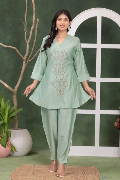 White Muslin Co-Ord Set With Beautiful Hand Work