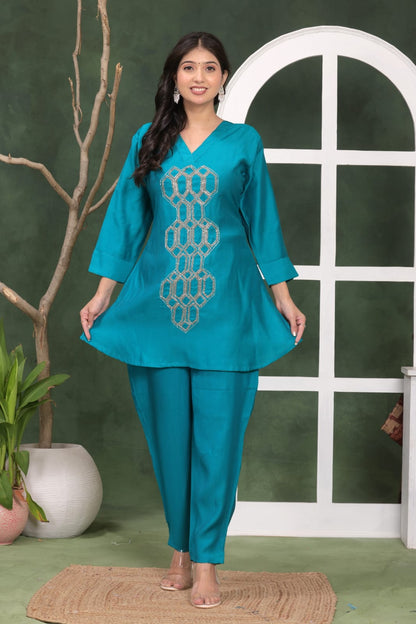 White Muslin Co-Ord Set With Beautiful Hand Work