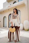 Hand-Embroidered Peplum Co-Ord Set | Linen-Cotton Blend | Brown | Jaipur Trendz