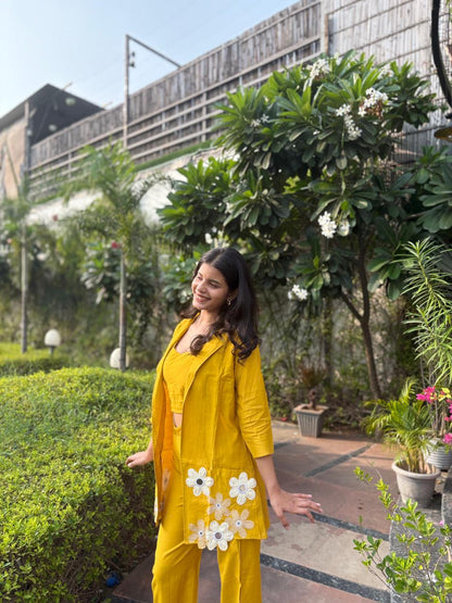 Mustard Floral Co-Ord Set With Embroidery Jacket
