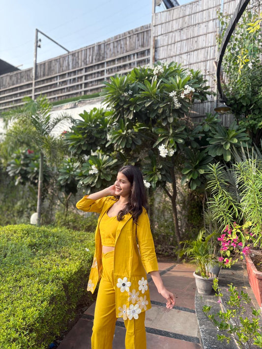 Mustard Floral Co-Ord Set With Embroidery Jacket
