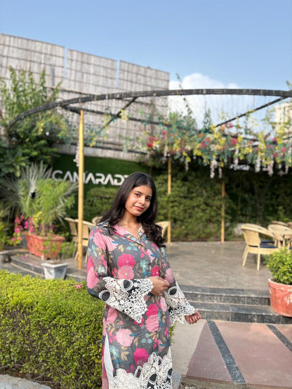 Abstract Floral Printed Embroidered Straight Fit Kurta with Dhoti Pant - Multi