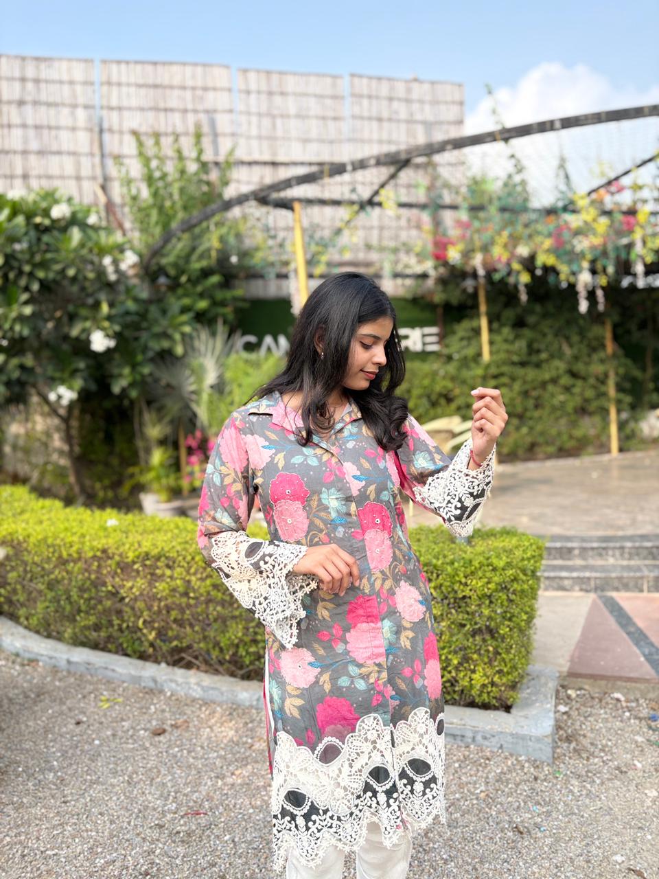 Abstract Floral Printed Embroidered Straight Fit Kurta with Dhoti Pant - Multi