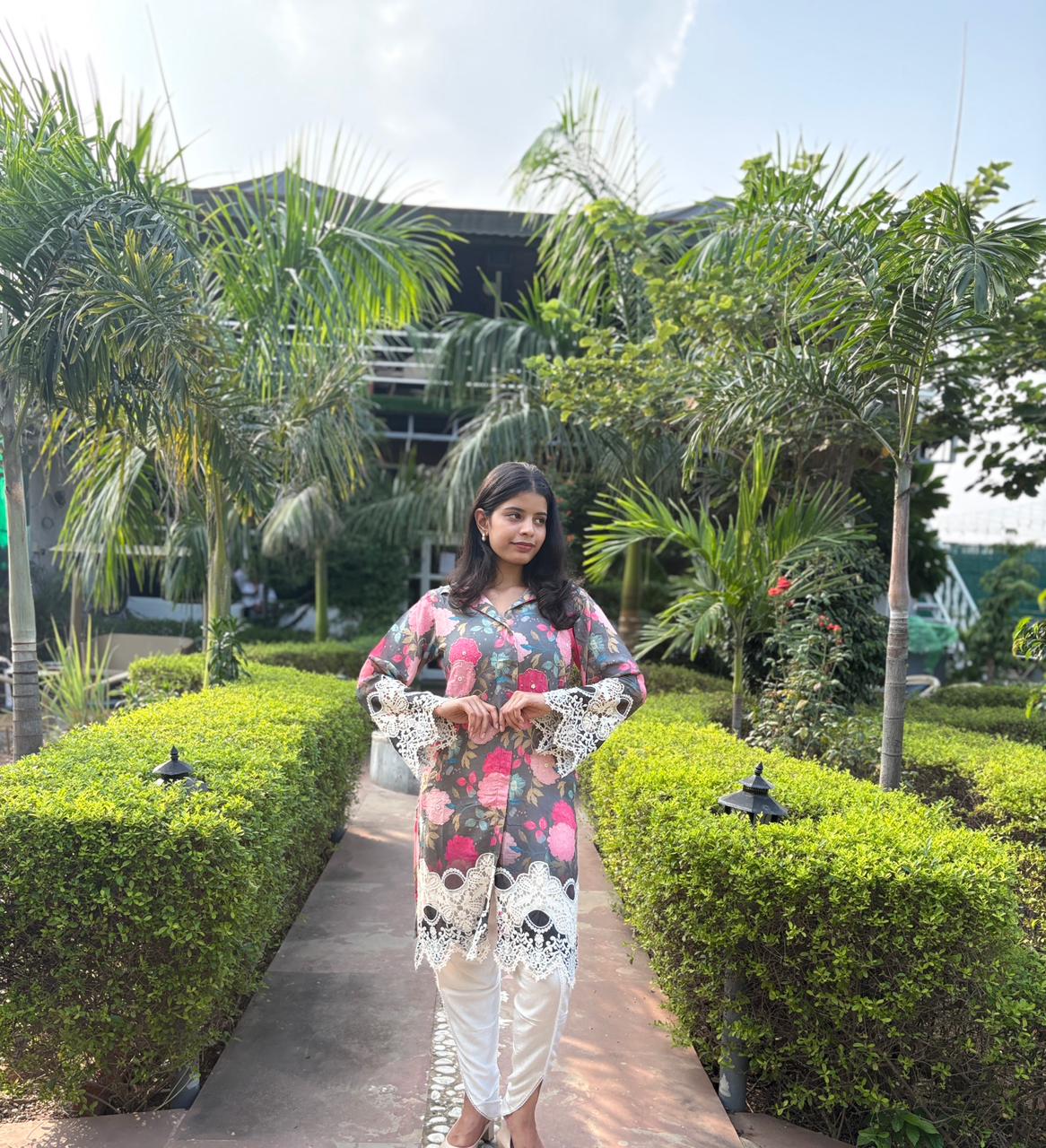 Abstract Floral Printed Embroidered Straight Fit Kurta with Dhoti Pant - Multi