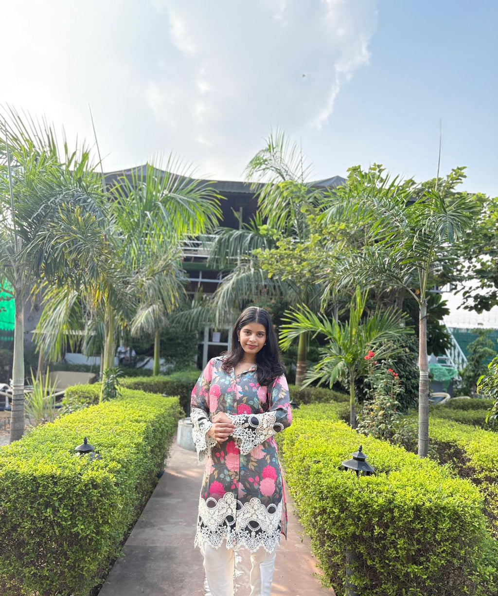 Abstract Floral Printed Embroidered Straight Fit Kurta with Dhoti Pant - Multi