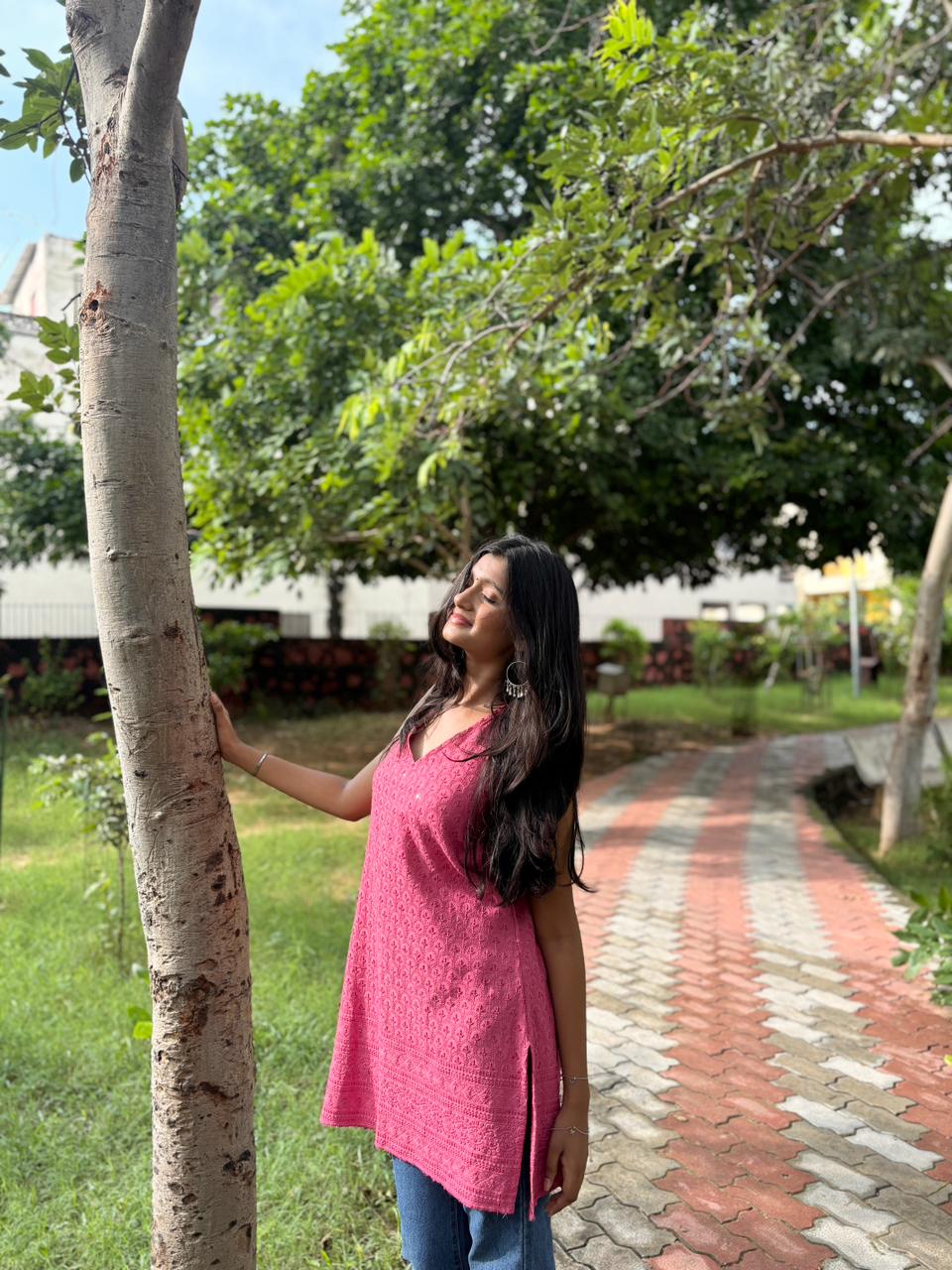 Pink Perfection in Chikankari | Textured Short Kurti