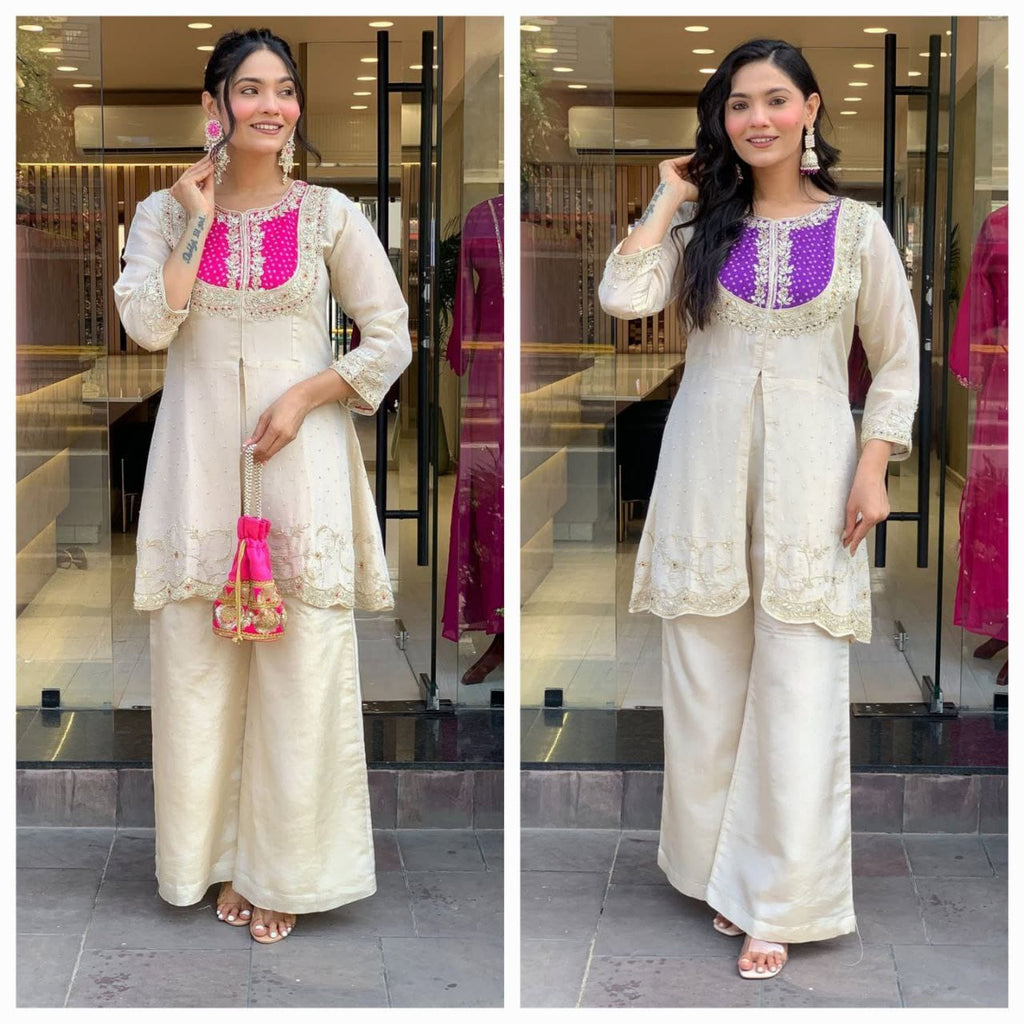 Heavy Roman With Heavy Embroidery Coding Work Co-Ord Set