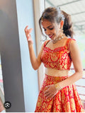 Red & Gold Brocade Crop Top with High-Waisted Flared Lehenga