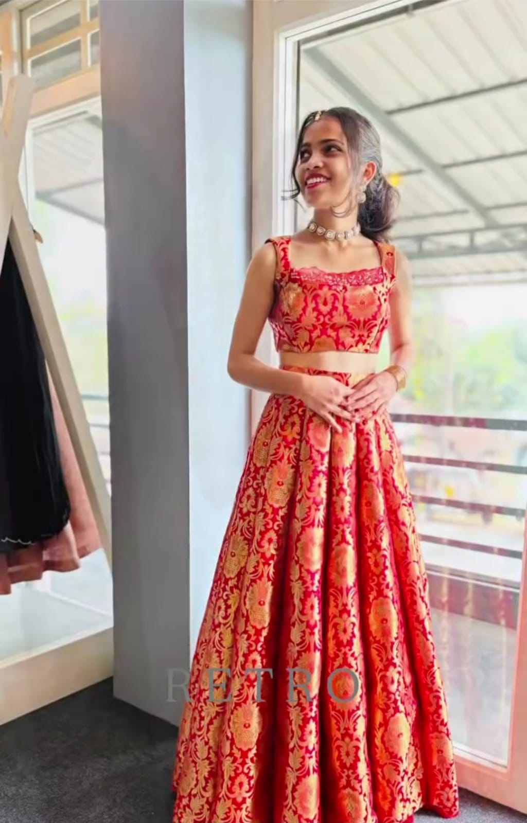 Red & Gold Brocade Crop Top with High-Waisted Flared Lehenga