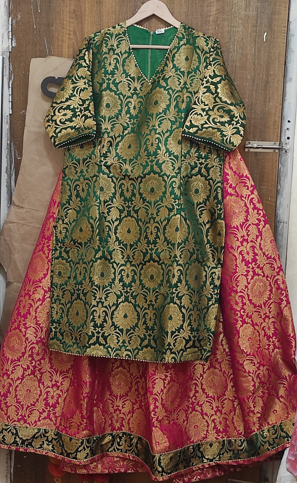 Emerald Brocade Kurti with Royal Magenta Skirt Set