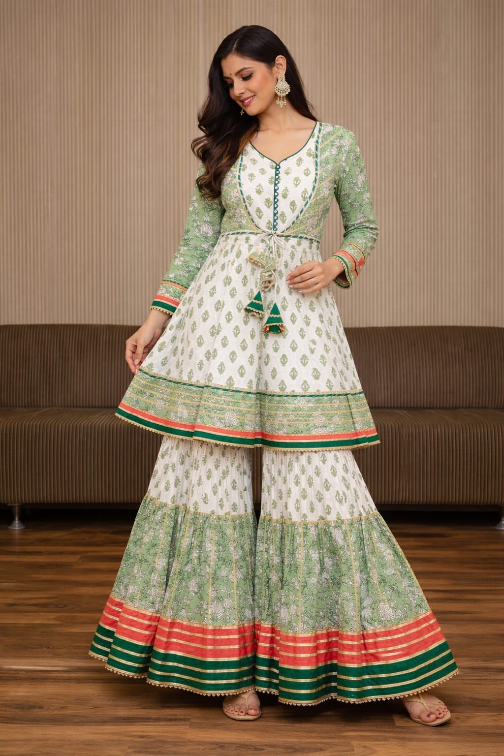 Green Bandani & Block Combo Jacket With Peplum & Sharara Set