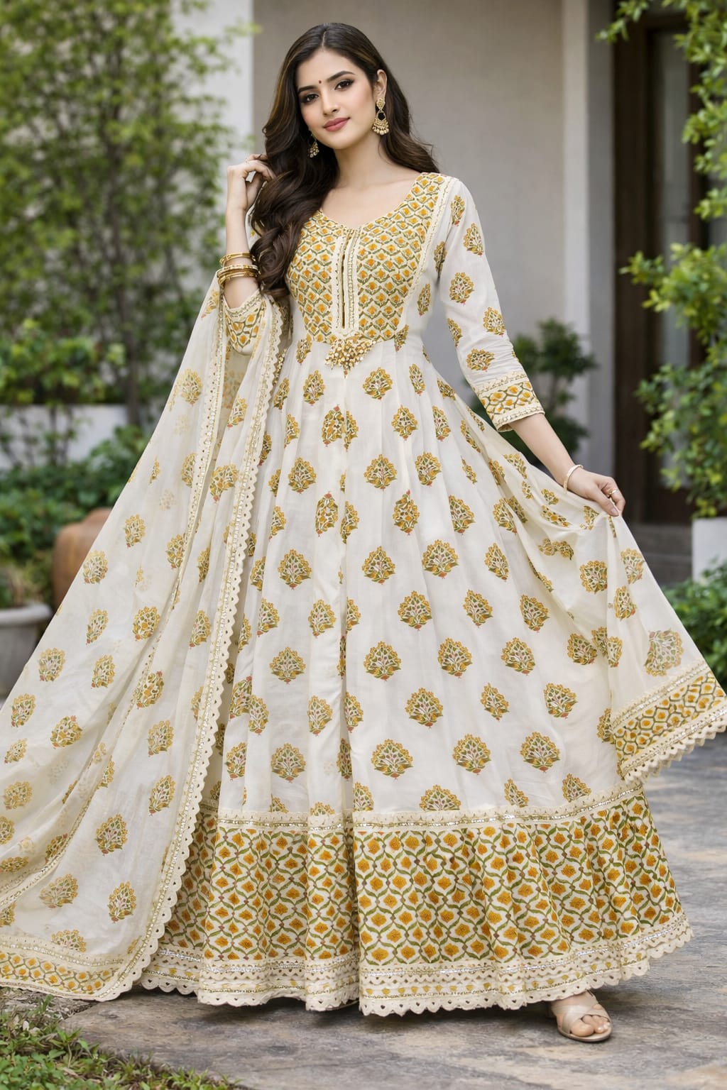 Block Print Anarkali Kurti Set With Pants & Dupatta