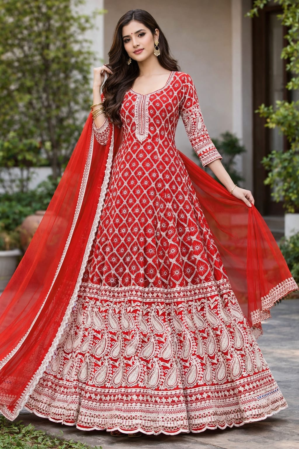 Sequined Cotton Anarkali Gown With Mulmul Lining & Chiffon Dupatta
