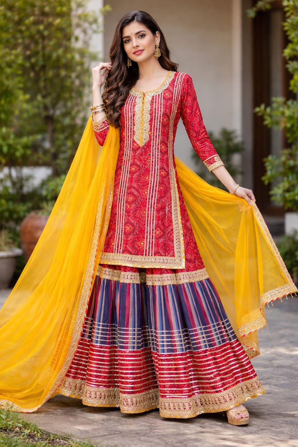 Colorful Cotton Kurti Set With Gota & Lace Detailing