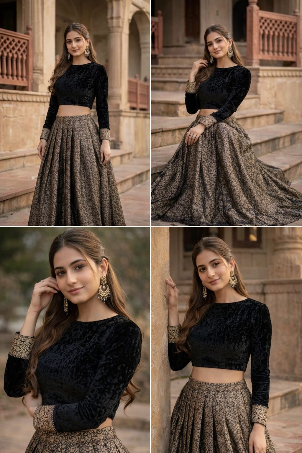 Midnight Black Velvet & Golden Brocade Lehenga Set