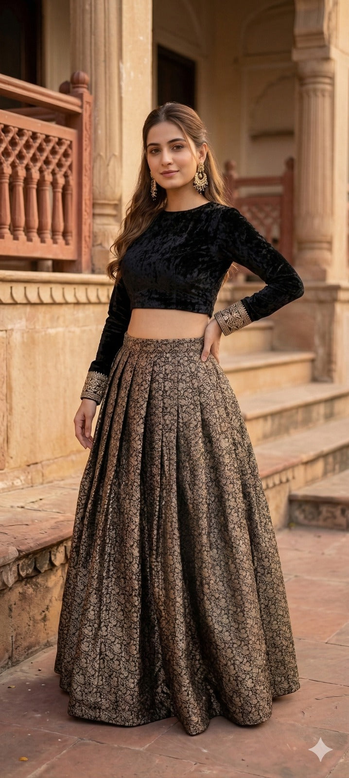 Midnight Black Velvet & Golden Brocade Lehenga Set