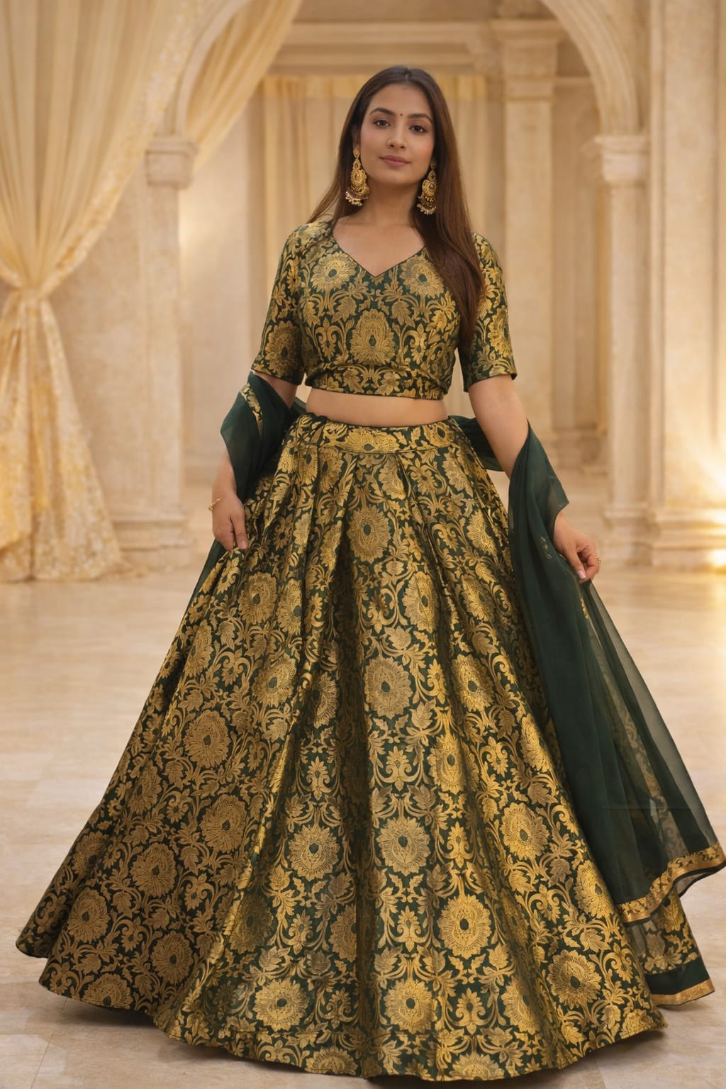 Gold Brocade & Deep Green Bropcade Lehenga Choli