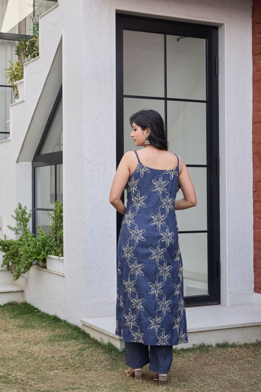 Embroidered Denim-Finish Suit Set