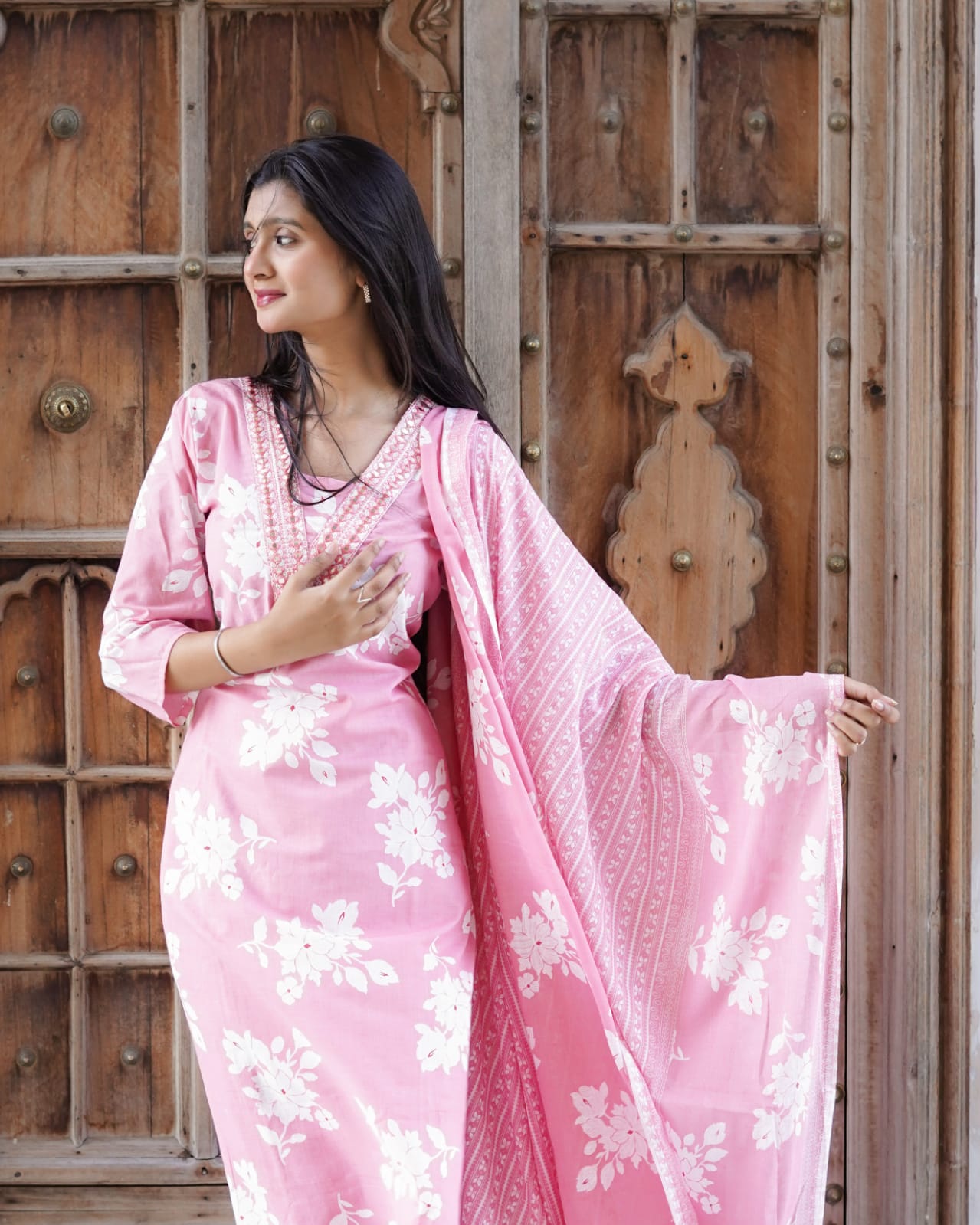 Pastel Pink Floral Printed Kurta Set with Mirror Work Neckline