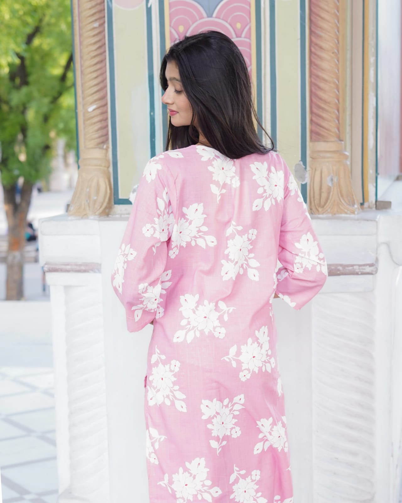 Pastel Pink Floral Printed Kurta Set with Mirror Work Neckline