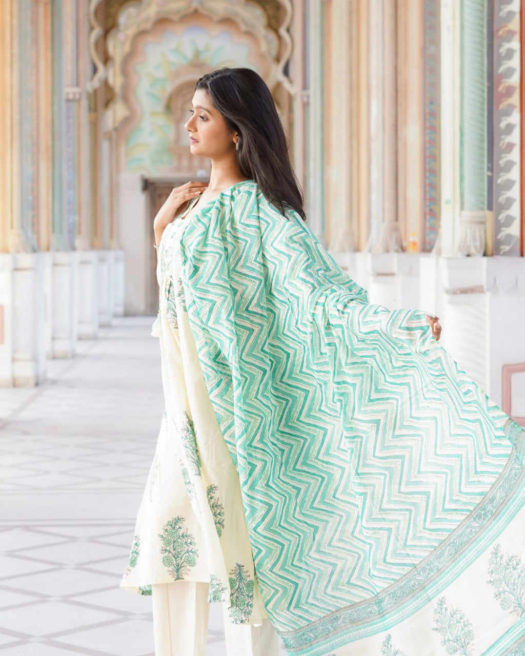 Ivory & Sea Green Floral Block Print Anarkali Kurta Set