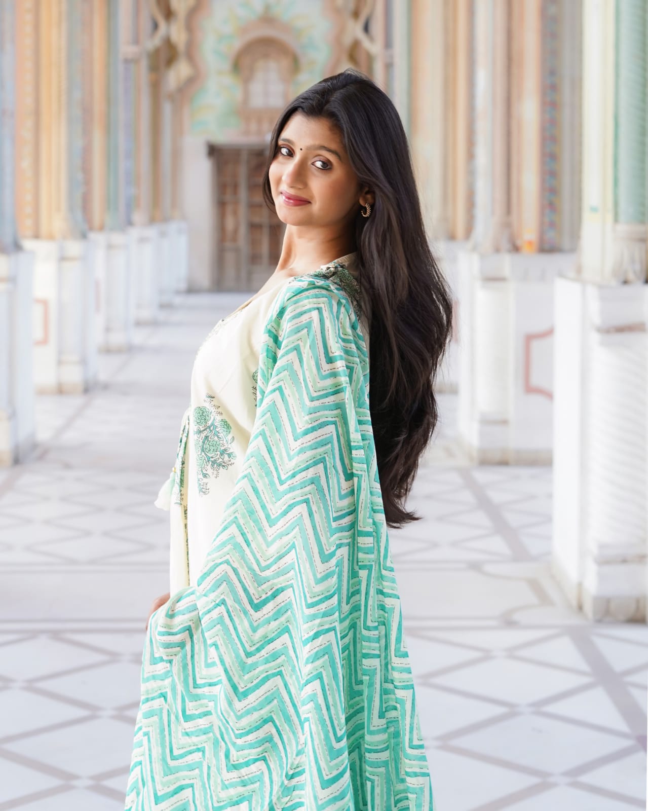 Ivory & Sea Green Floral Block Print Anarkali Kurta Set