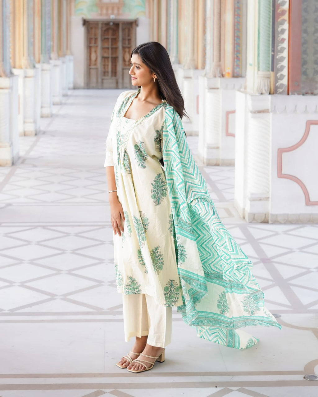 Ivory & Sea Green Floral Block Print Anarkali Kurta Set