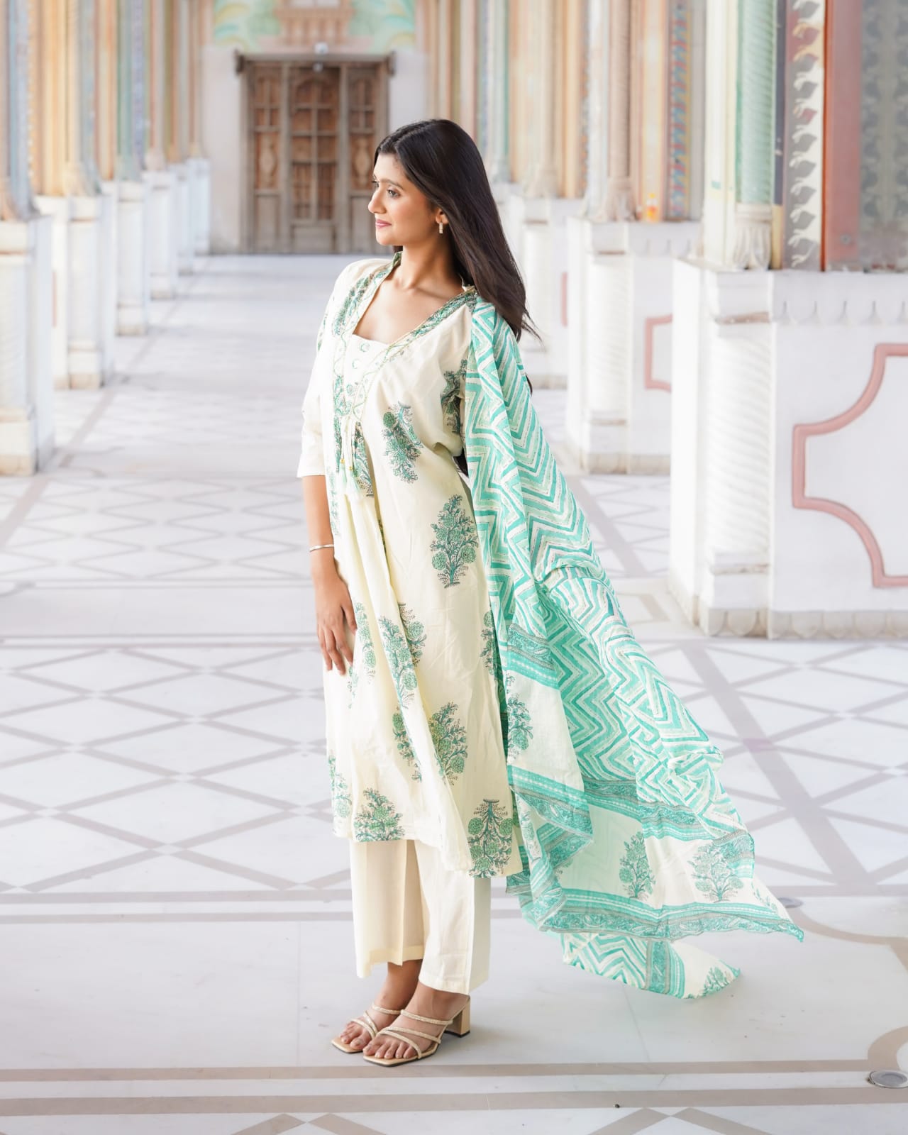 Ivory & Sea Green Floral Block Print Anarkali Kurta Set