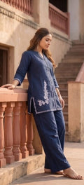Embroidered Cotton-Linen Co-ord Set with Pockets