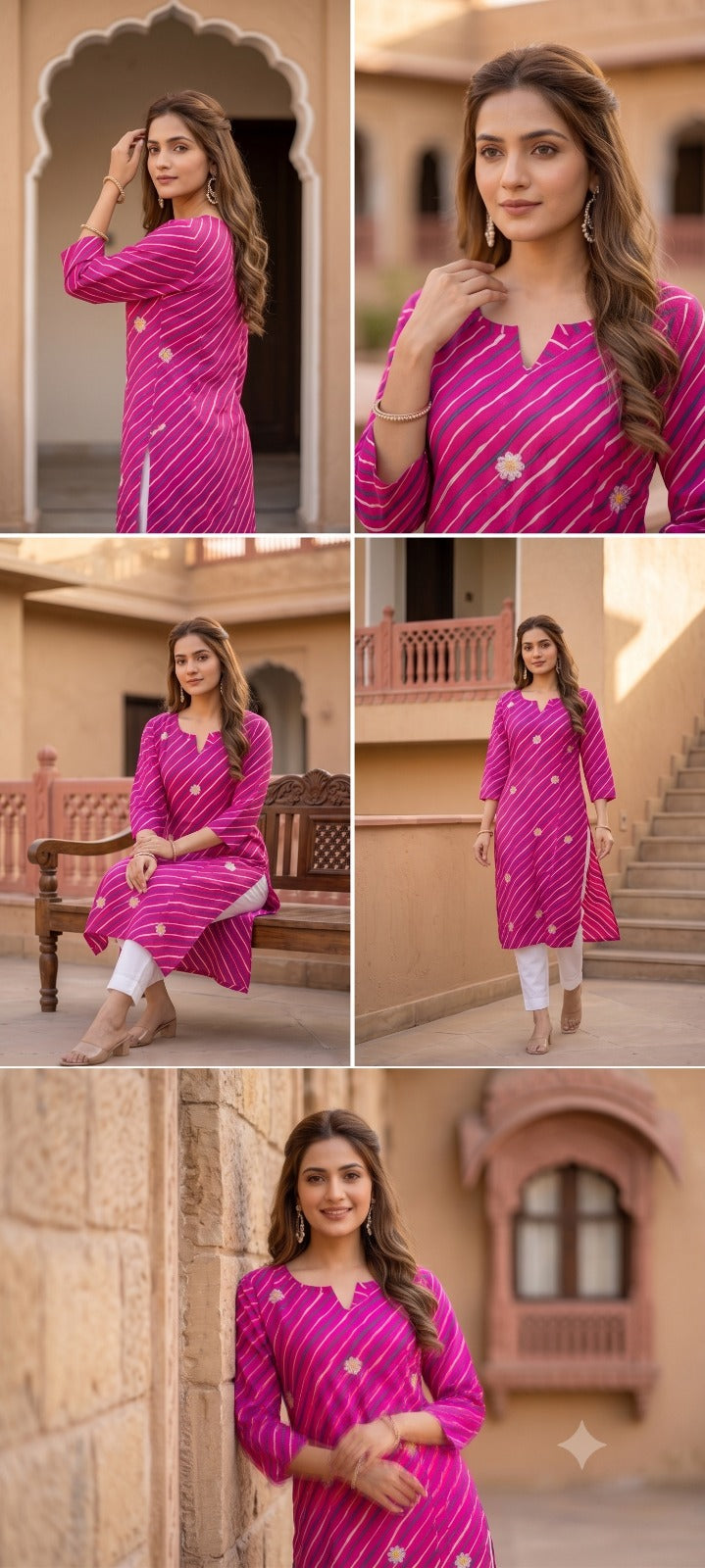 Magenta Pink Leheriya Georgette Kurta | Floral Zari Buttis | Notch Neck | Jaipur Trendzz