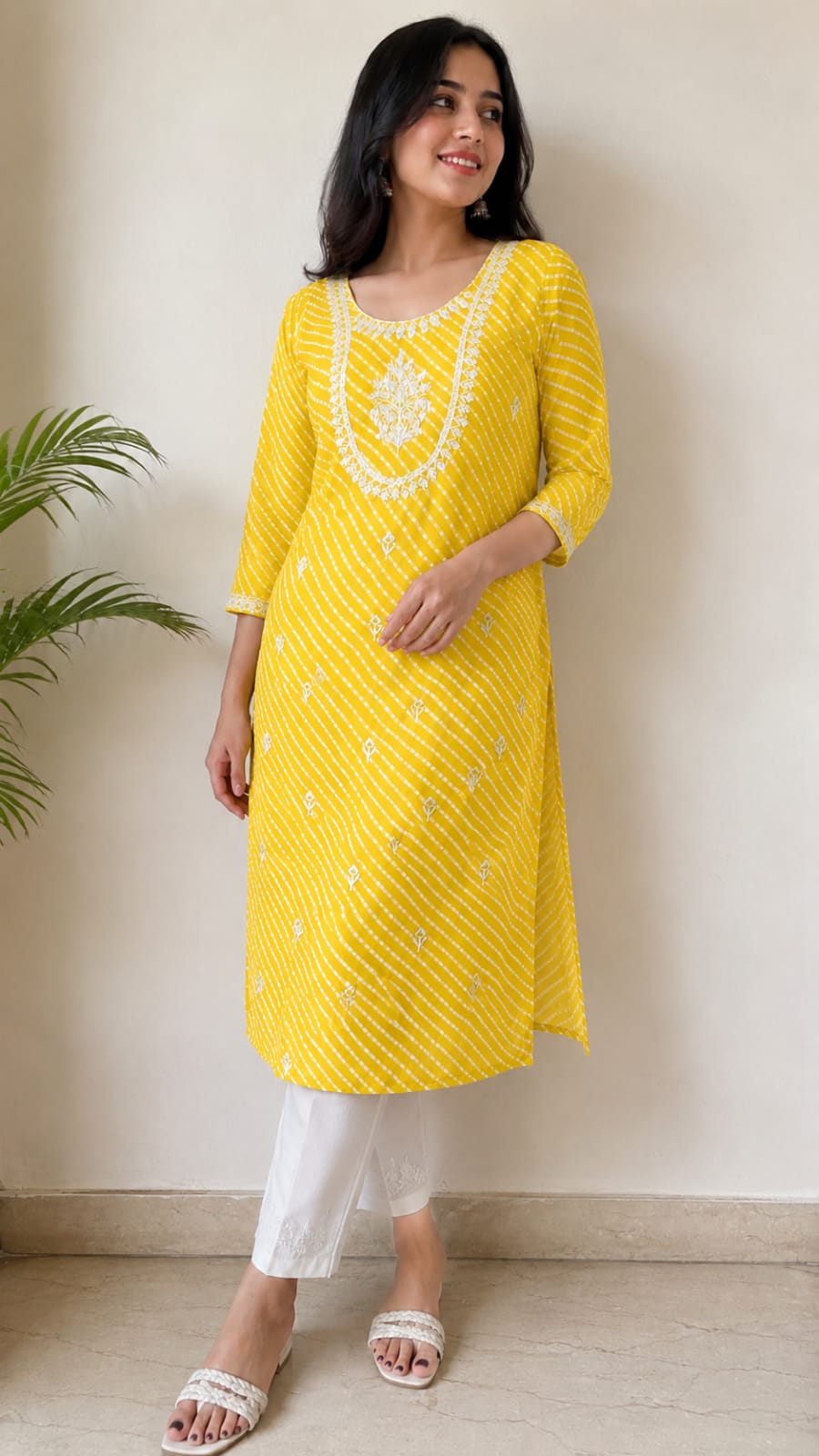Rani Pink Leheriya Georgette Kurta | Gota Patti & Zari Scoop Neck | Floral Buttis | Jaipur Trendzz
