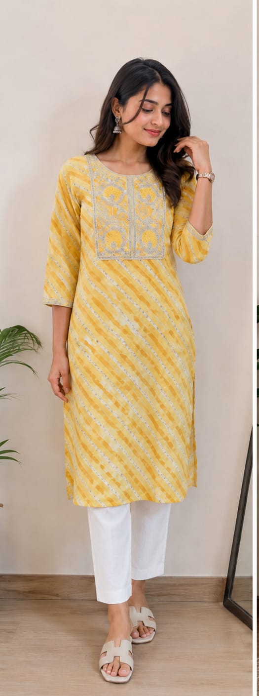 Leheriya Georgette Kurta | Silver Zari Gota Patti Embroidered Yoke | Jaipur Trendzz
