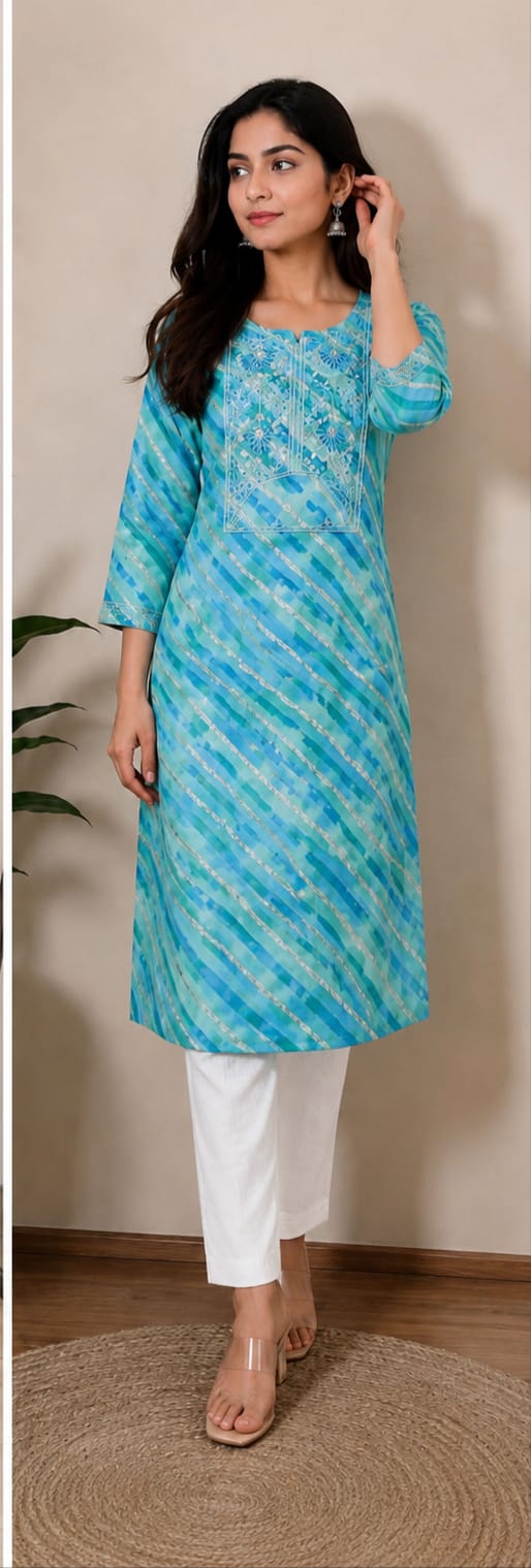 Leheriya Georgette Kurta | Silver Zari Gota Patti Embroidered Yoke | Jaipur Trendzz