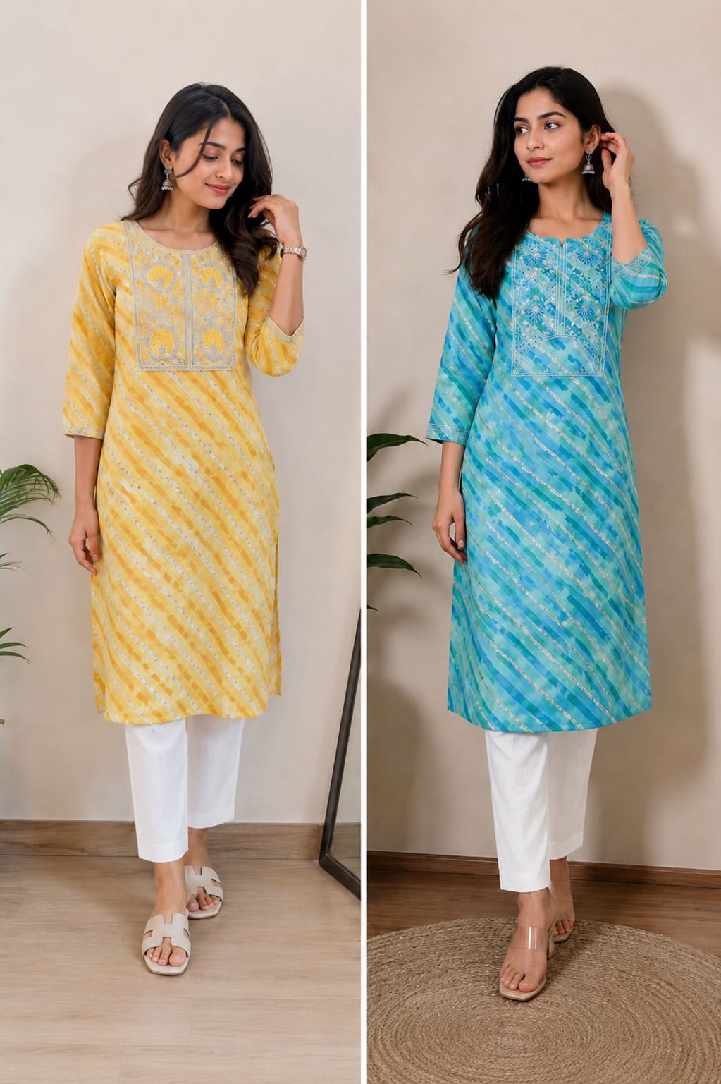 Leheriya Georgette Kurta | Silver Zari Gota Patti Embroidered Yoke | Jaipur Trendzz