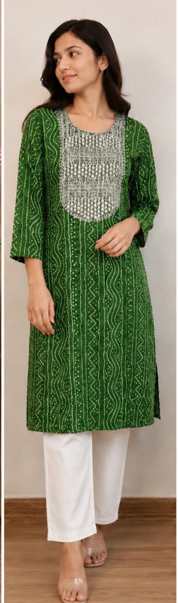 Bandhani Cotton Kurta | Resham Embroidered Yoke with Mirror Work | Jaipur Trendzz